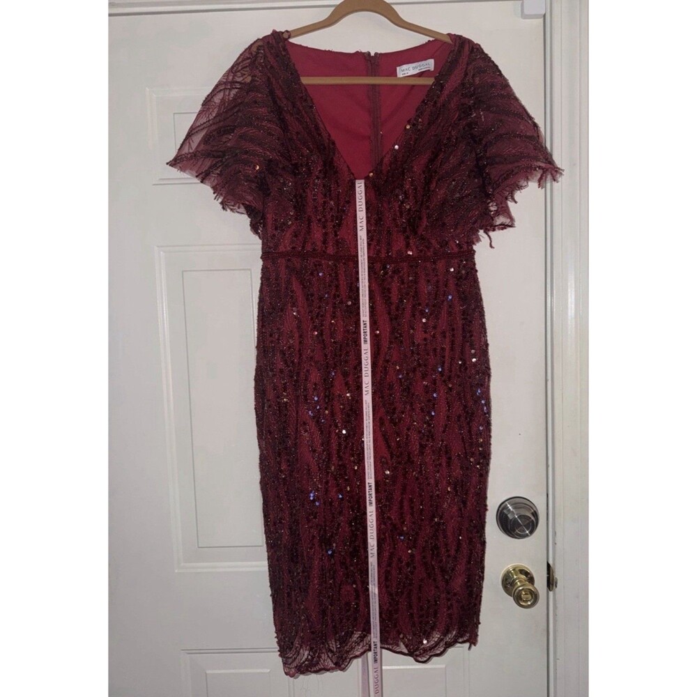 Mac Duggal Red Sequin Cocktail Midi Dress. Size 10 Fringe Sleeves V-Neck. NWT - Picture 5 of 14